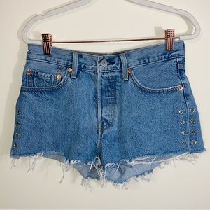 Levis 501 Distressed Buttoned High Rise Denim Shorts Grommets Coastal Cowgirl